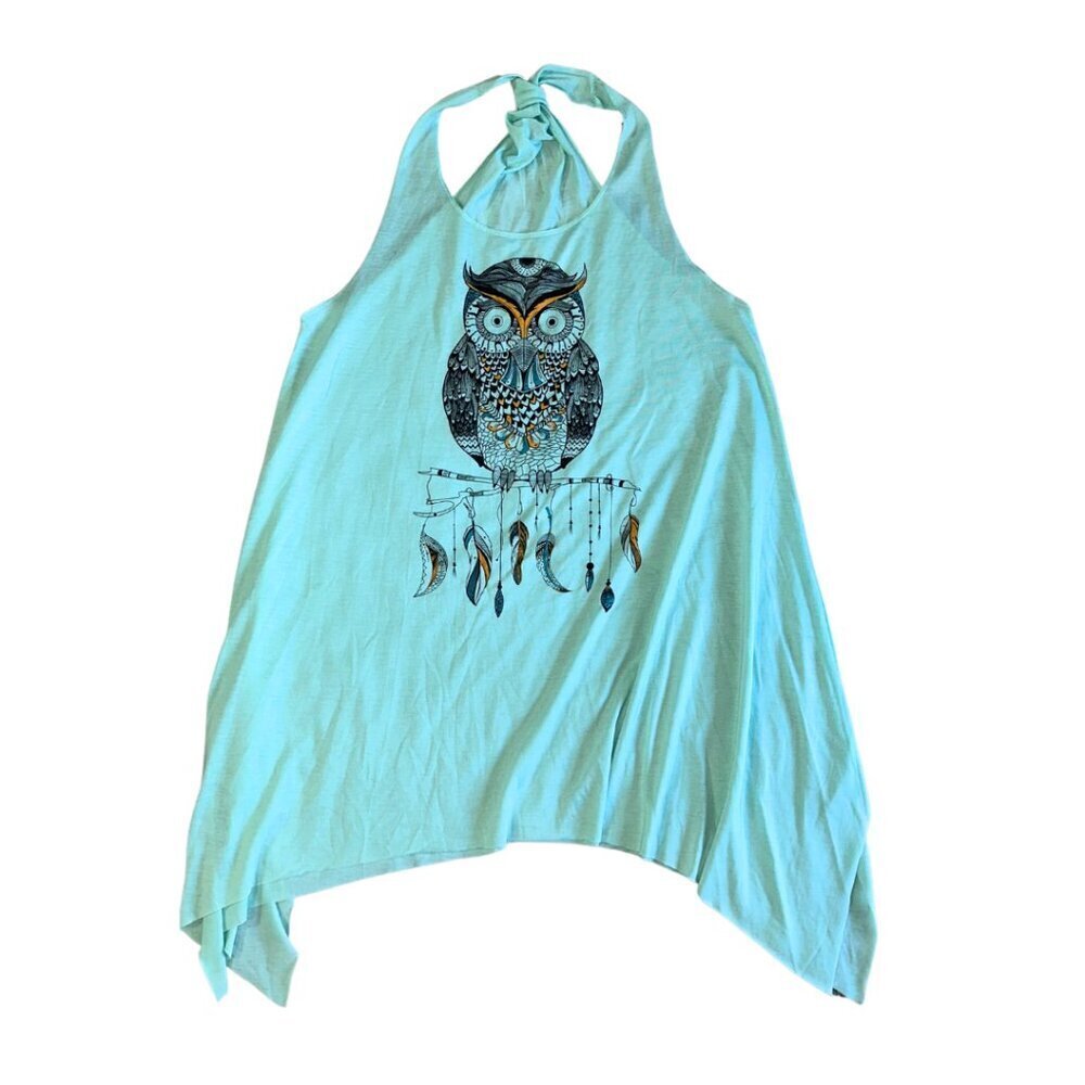 Mint Blue Owl Feather Tank Top A Line Flowy Women Medium